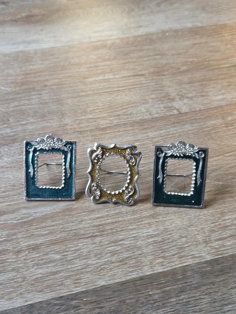 Vintage Mini Ornate Metal Picture Frame Silver Tone, Green & Yellow Resin